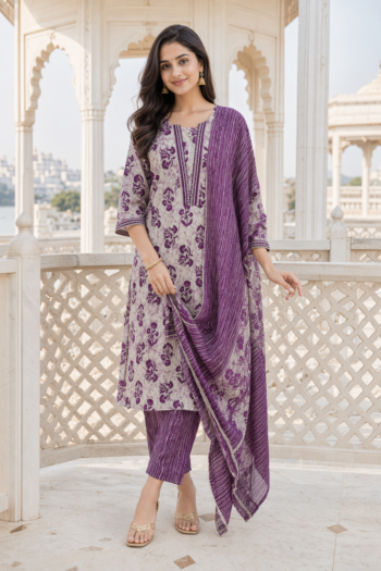 VEDEERA Soft Pink Printed Cotton 3-Piece Salwar Kameez Set with Dupatta - Elegant Straight Fit Ready-to-Wear Women's Traditional Suit
