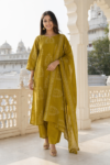 VEDEERA Mustard Yellow Printed Cotton 3-Piece Kurta Set with Dupatta - Elegant Straight Fit Ready-to-Wear Women's Suit