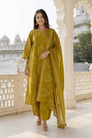 VEDEERA Mustard Yellow Printed Cotton 3-Piece Kurta Set with Dupatta - Elegant Straight Fit Ready-to-Wear Women's Suit