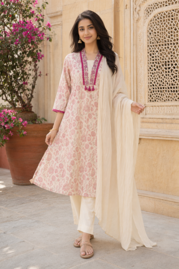 VEDEERA Soft ivory-beige floral Printed Cotton 3-Piece Kurta Set with Dupatta - Elegant Straight Fit Ready-to-Wear Women's Suit