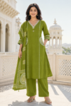 VEDEERA Green Embroidered Printed Cotton 3-Piece Salwar Kameez Set with Dupatta - Elegant Straight Fit Ready-to-Wear Women's Traditional Suit