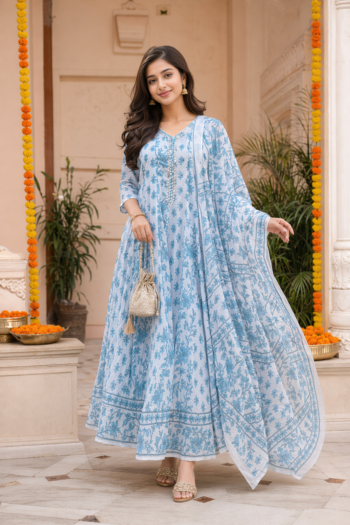 VEDEERA Sky Blue Cotton Silk Floral Printed 3-Piece Salwar Kameez Set with Dupatta - Elegant Straight Fit Ready-to-Wear Women's Traditional Suit