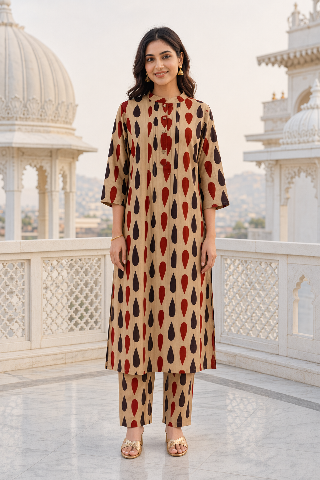 Sand Beige Geometric Print Cotton Kurta Palazzo Set for Women Sand Beige Geometric Print Cotton Kurta Palazzo Set for Women