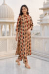 Sand Beige Geometric Print Cotton Kurta Palazzo Set for Women
