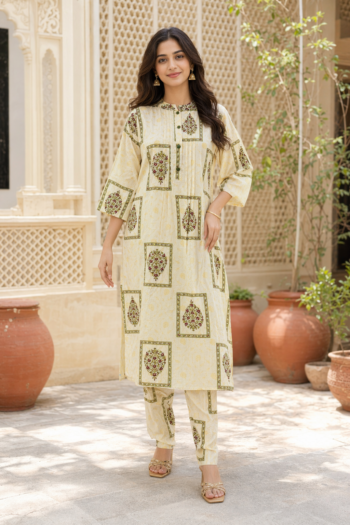 VEDEERA Ivory Floral Printed Mul Cotton 2-Piece Kurta Palazzo Set - Comfort Fit Smart Casual Women's Daily Wear