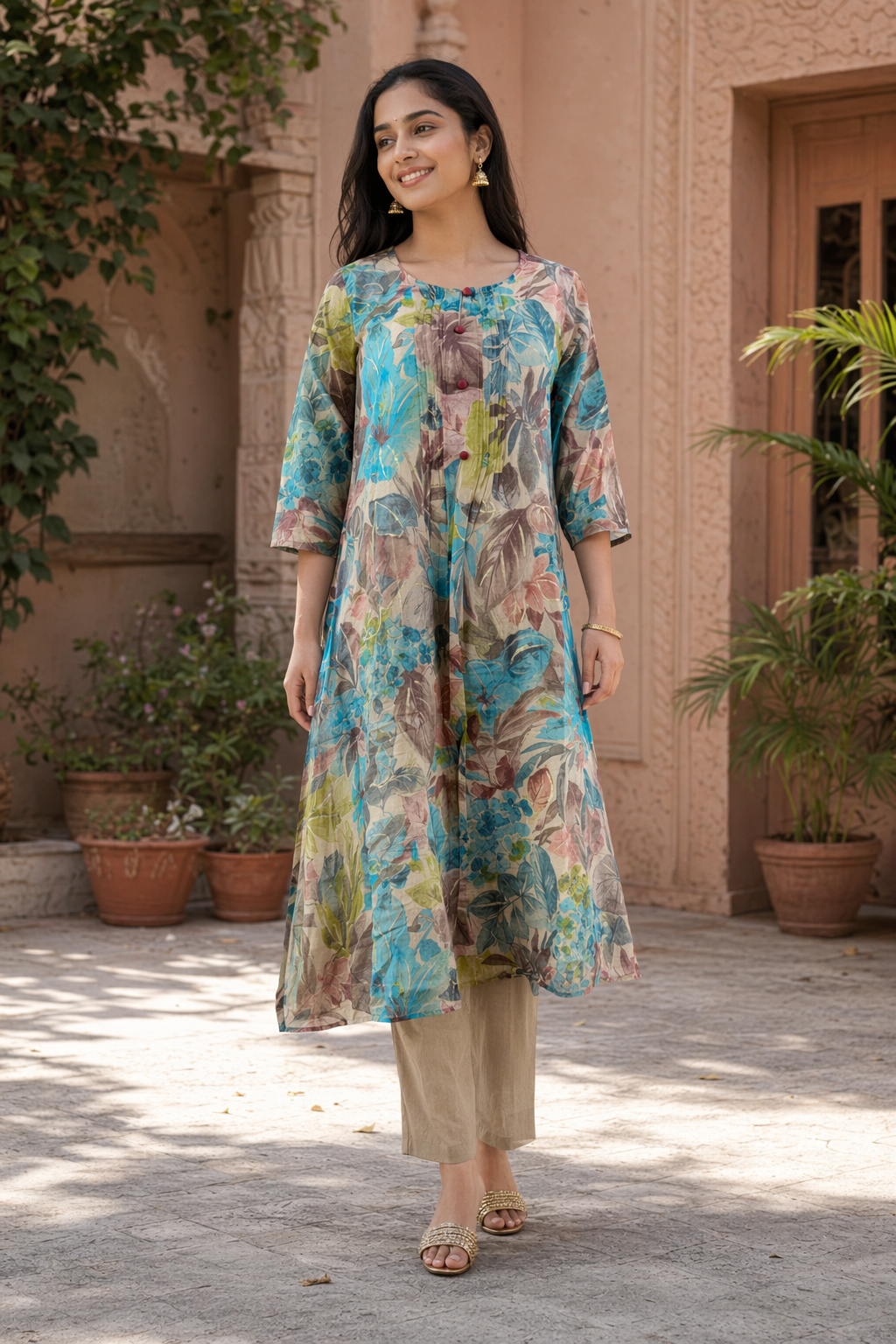 Aqua Bloom Printed Mul Cotton Kurta Palazzo Set for Women Aqua Bloom Printed Mul Cotton Kurta Palazzo Set for Women