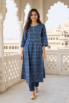 Indigo Floral Printed Cotton Kurta Palazzo Set for Women