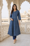 Indigo Floral Printed Cotton Kurta Palazzo Set for Women