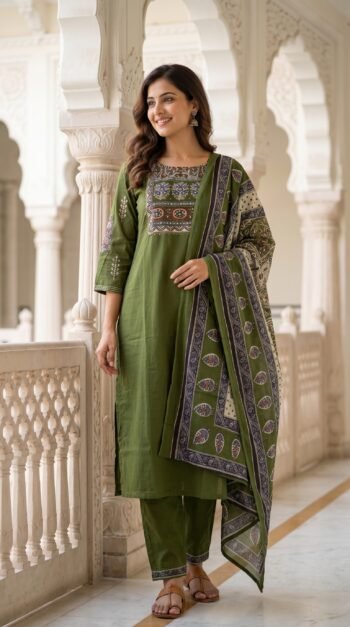 VEDEERA Olive Green Floral Printed Cotton 3-Piece Kurta Set with Tie-Dye Dupatta - Elegant Straight Fit Ready-to-Wear Women's Suit.