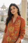 Elegant Rust Orange Floral Bird Printed Natural Crepe Shirt Tunic for Women