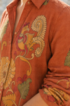 Rust Orange Floral Bird Printed Natural Crepe Shirt Tunic for Women