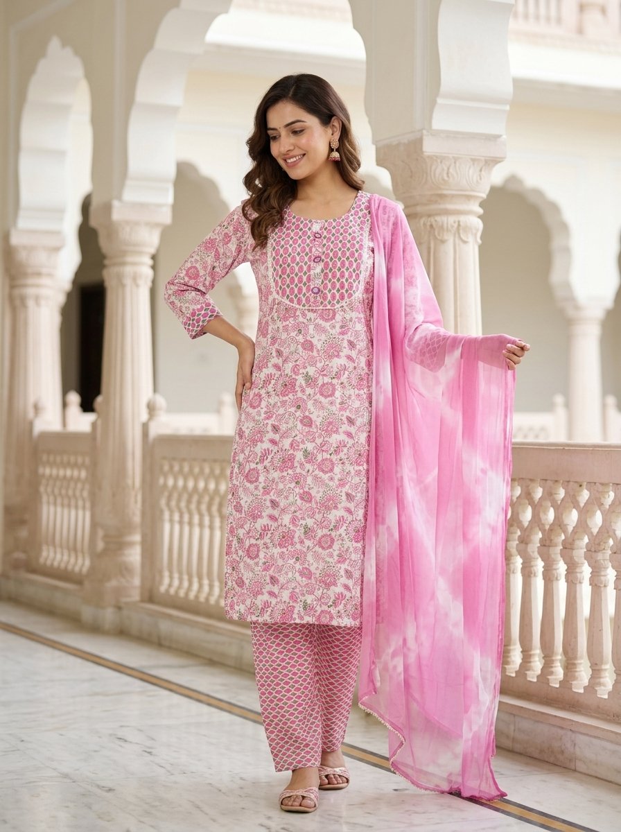 Luxury_ethnic_fashion_campaign_202606102215 (3) Pastel Rose Floral Printed Cotton 3-Piece Kurta Set