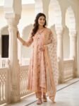 VEDEERA Peach Floral Printed Cotton Salwar Suit for Women