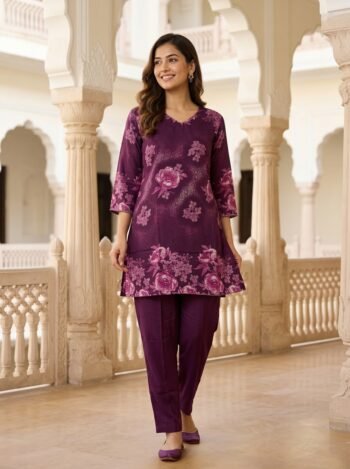 Elegant Purple Floral Printed Poly Silk Co-Ord Set for Women