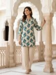 Stylish Beige & Teal Ikat Printed Cotton Co-Ord Set for Women | VEDEERA VEDEERA Stylish Beige & Teal Ikat Printed Cotton Co-Ord Set for Women