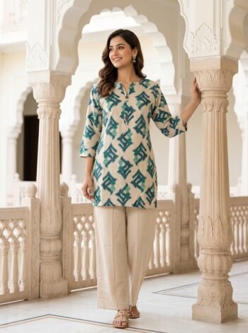 Stylish Beige & Teal Ikat Printed Cotton Co-Ord Set for Women