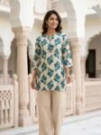 VEDEERA Stylish Beige & Teal Ikat Printed Cotton Co-Ord Set for Women