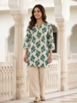 VEDEERA Stylish Beige & Teal Ikat Printed Cotton Co-Ord Set for Women