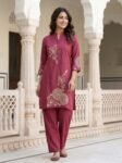 Tempting Elegant Magenta Embroidered Poly Silk Ethnic Co-Ord Set for Women