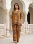 Mustard Geometric Printed Pure Rayon Co-Ord Set by VEDEERA