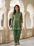 Elegant Sage Green Floral Embroidered Poly Silk Co-Ord Set for Women