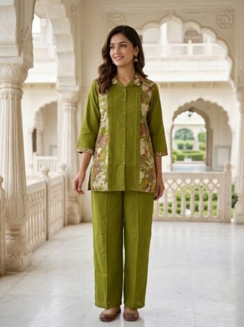 Exclusive Olive Green Floral Printed Poly Silk Co-Ord Set for Women