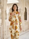 Stunning Cream & Mustard Floral Printed Cotton Co-Ord Set for Women