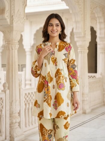 Stunning Cream & Mustard Floral Printed Cotton Co-Ord Set for Women