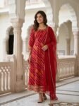 VEDEERA Captivating Elegant Red Leheriya Print Cotton Salwar Kameez for Women