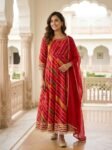 VEDEERA Captivating Elegant Red Leheriya Print Cotton Salwar Kameez for Women