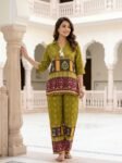 Elegant Sage Green Floral Embroidered Poly Silk Co-Ord Set for Women