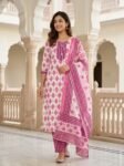 Premium Pink Printed Cotton 3-Piece Salwar Suit Set for Women