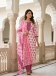 Premium Pink Printed Cotton 3-Piece Salwar Suit Set for Women