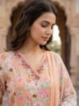 VEDEERA Peach Floral Printed Cotton Salwar Suit for Women