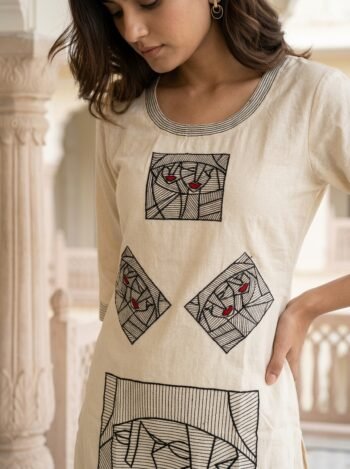 Beige Abstract Face Art Embroidered Kurta Set