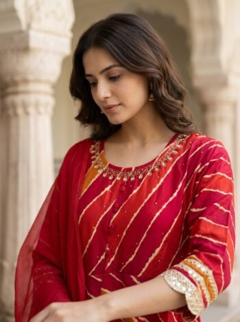 Captivating Elegant Red Leheriya Print Cotton Salwar Kameez for Women | 3 Piece Ethnic Set with Dupatta | Vedeera