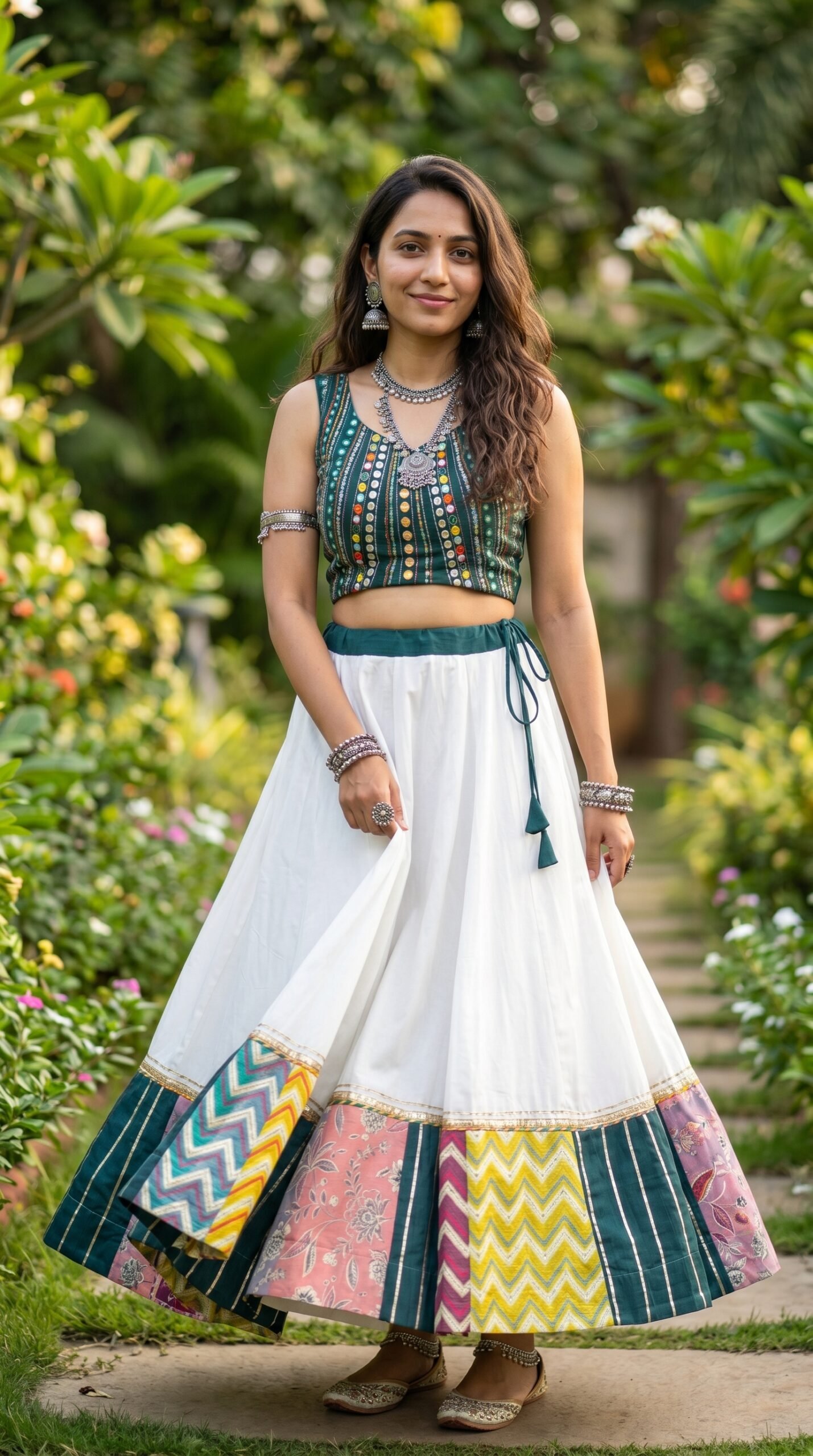 Teal Green Crop Top & White Patchwork Lehenga Set | Vedeera Lifestyle Stunning Teal Green Patchwork Lehenga Set