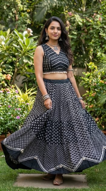 Stunning Midnight Chevron Block-Print Lehenga Choli Set