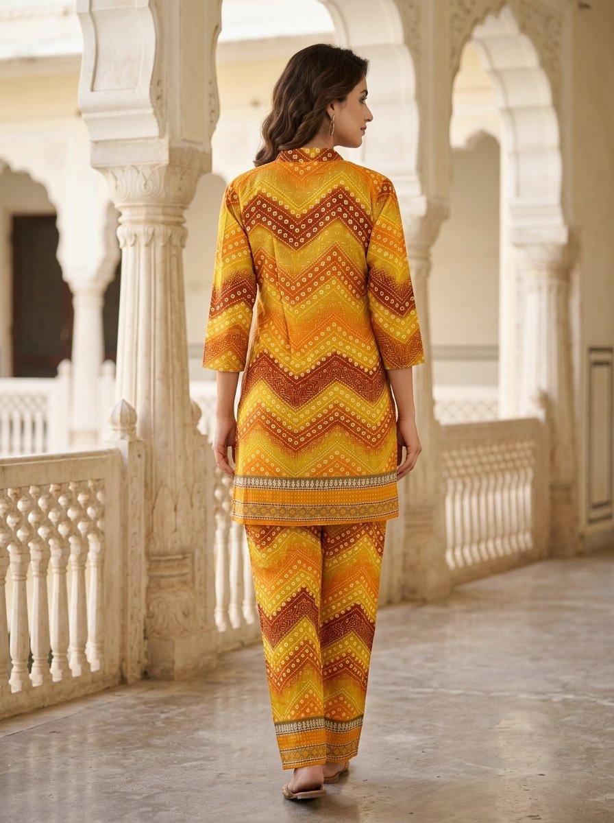 Mustard Yellow Chevron Printed Rayon Co-Ord Set for Women1 Mustard Yellow Chevron Printed Rayon Co-Ord Set for Women