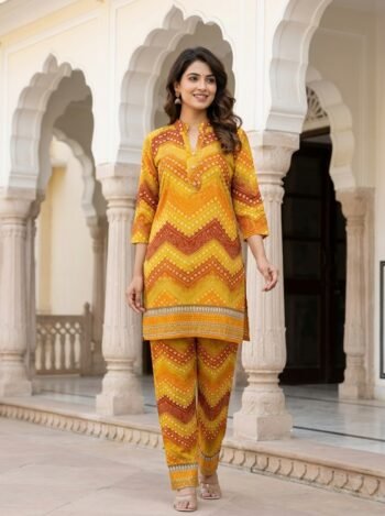 Mustard Yellow Chevron Printed Rayon Co-Ord Set for Women