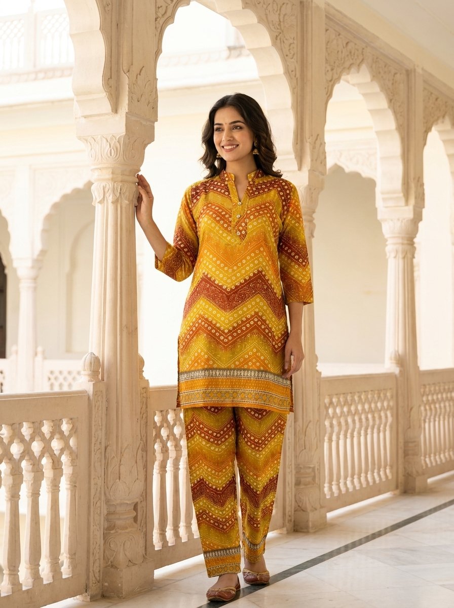 Mustard Yellow Chevron Printed Rayon Co-Ord Set for Women3