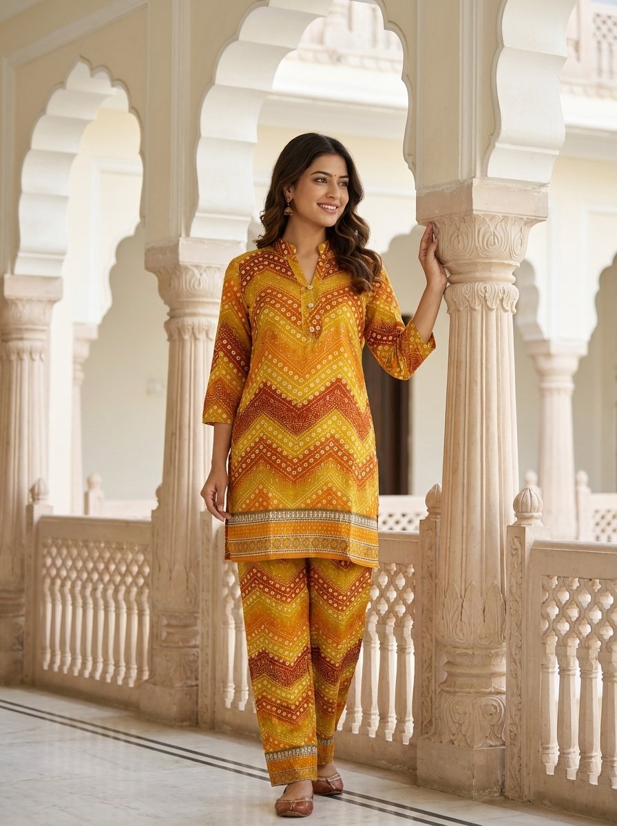 Mustard Yellow Chevron Printed Rayon Co-Ord Set for Women | VEDEERA Office Wear Styling Tips for Women