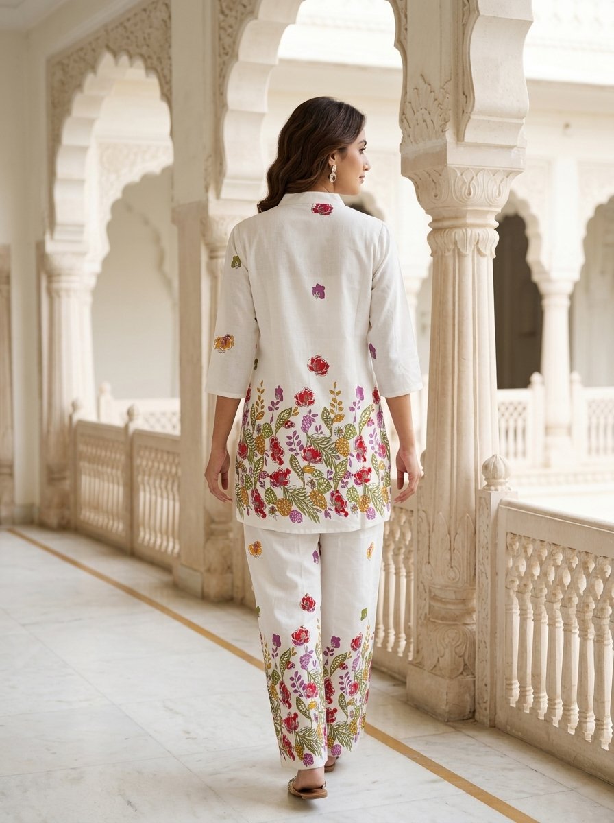 Premium White Floral Printed Linen Co-Ord Set for Women1 Premium White Floral Printed Linen Co-Ord Set for Women