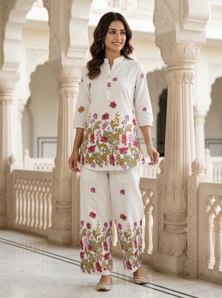 Premium White Floral Printed Linen Co-Ord Set for Women2