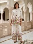 Premium White Floral Printed Linen Co-Ord Set for Women | VEDEERA Premium White Floral Printed Linen Co-Ord Set for Women3