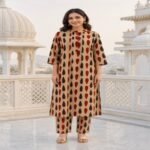 Sand Beige Geometric Print Cotton Kurta Set for Women | VEDEERA