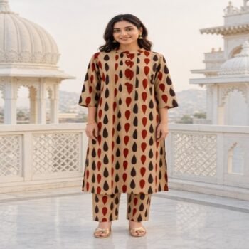 Sand Beige Geometric Print Cotton Kurta Set for Women | VEDEERA
