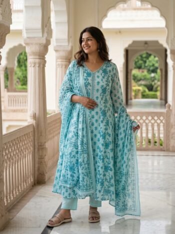 Sky Blue Cotton Silk Floral Printed Salwar Kameez Set for Women