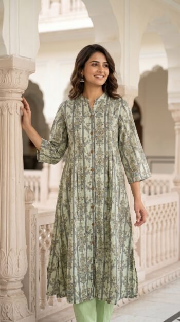 VEDEERA Sage Green Floral Printed Cotton 2-Piece Kurta Palazzo Set - Comfort Fit Smart Casual Women's Daily Wear
