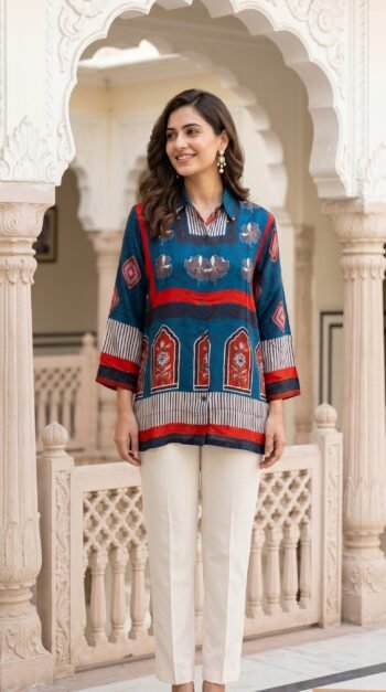 Midnight Blue Printed Crape Tunic for Women